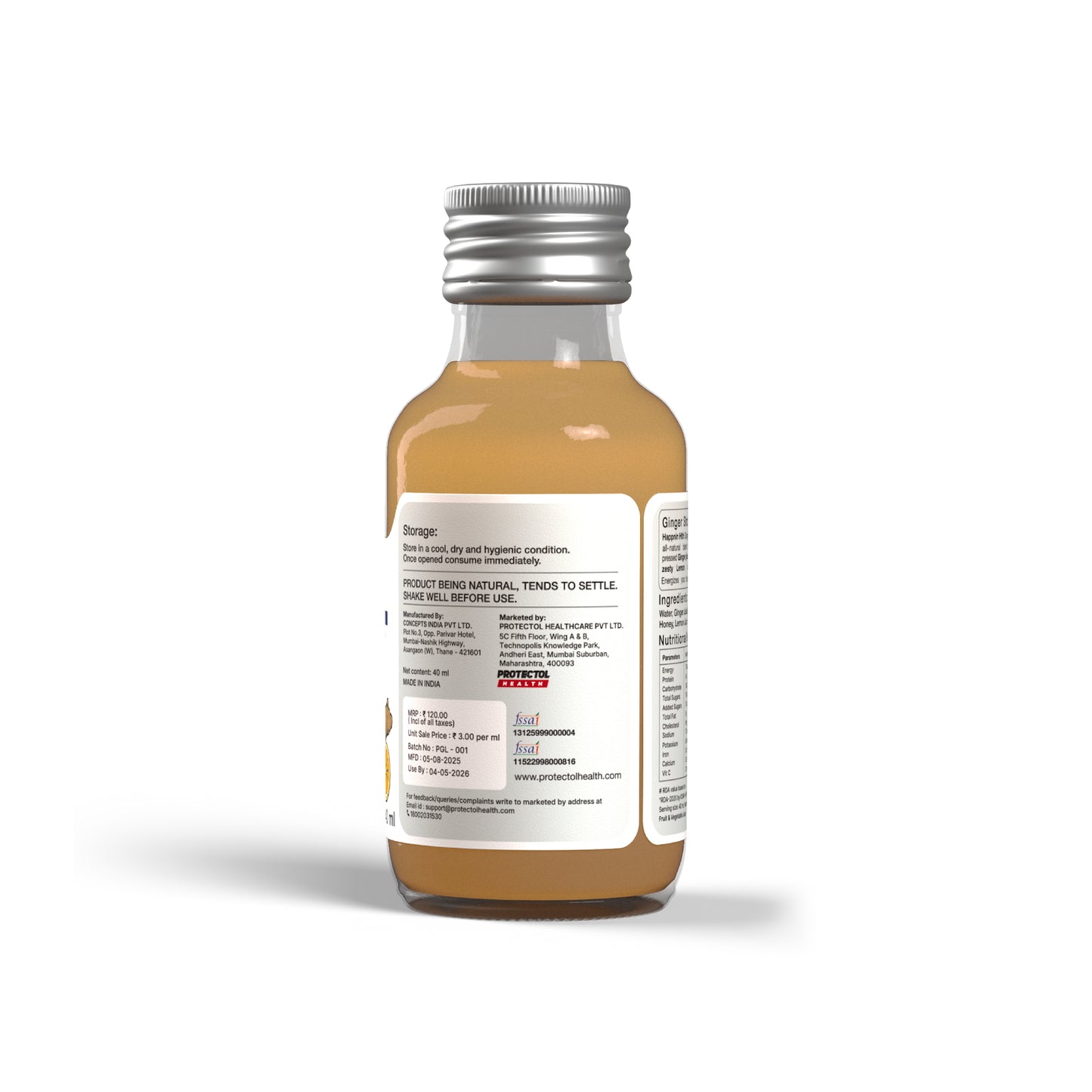 Happnin Hlth Ginger Shot | Cold Pressed Ginger, Honey & Lemon Juice | No Added Sugar, No Preservatives | 40ml Single-Serve Wellness Shot
