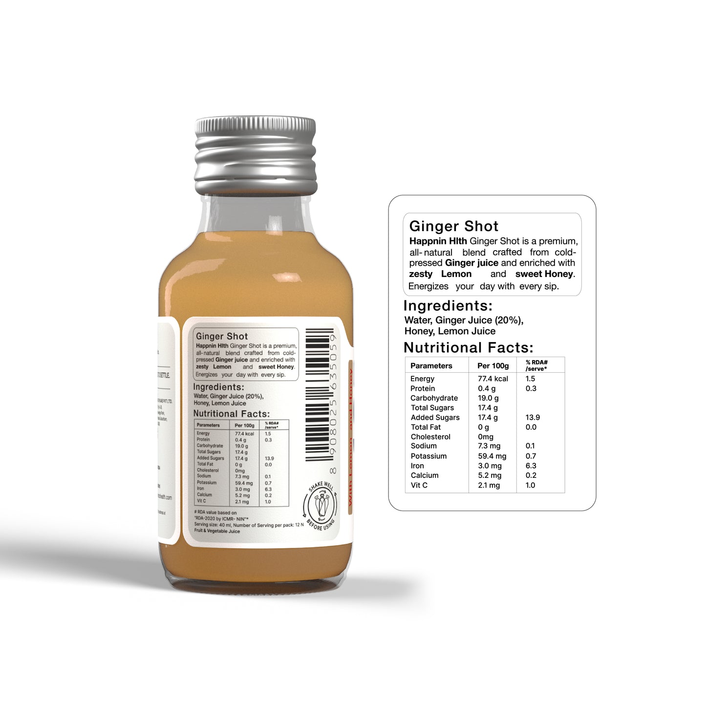 Happnin Hlth Ginger Shot | Cold Pressed Ginger, Honey & Lemon Juice | No Added Sugar, No Preservatives | 40ml Single-Serve Wellness Shot